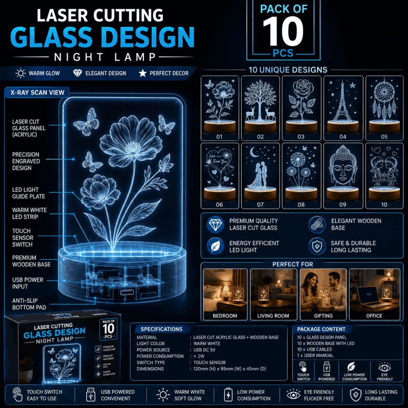 Barsha Lighting Glass Laser Cutting Night Lamp Pack Of 10