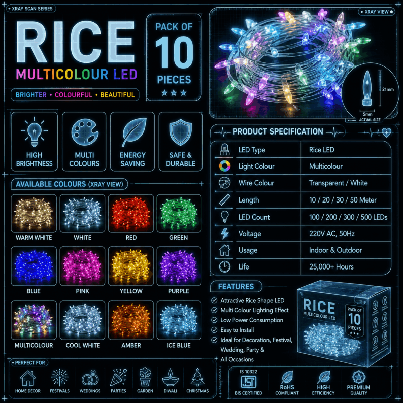 Barsha Lighting Multicolour Rice Chain Light Pack Of 10